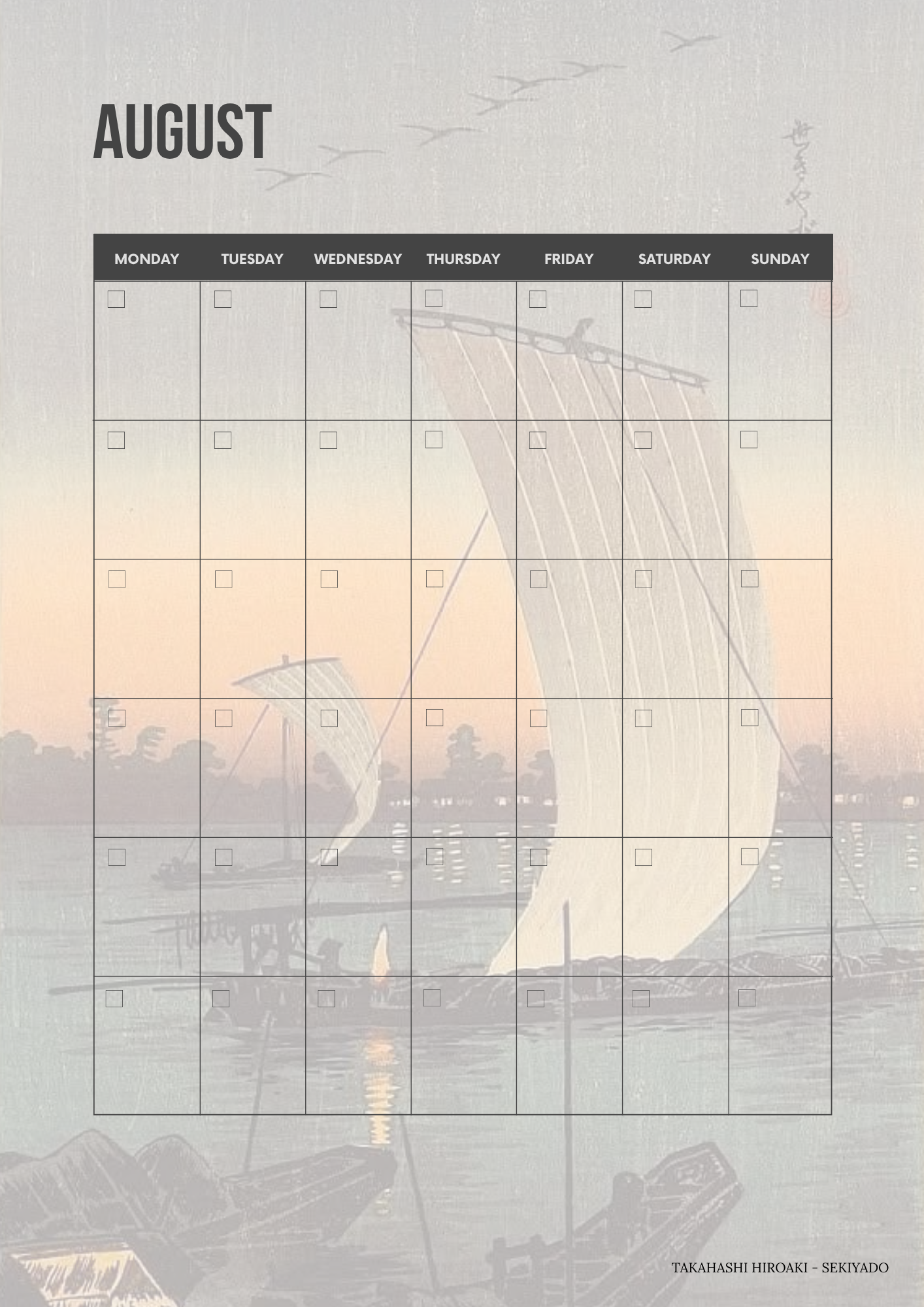August calendar with a sailboat design on a light gray background Printable monthly calendar page featuring a classic Ukiyo-e Japanese woodblock print background.