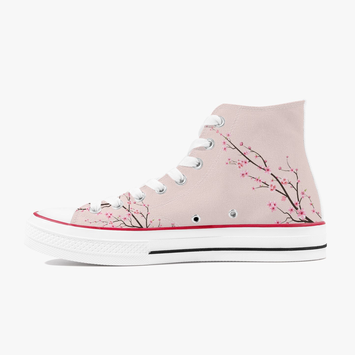 Pink high-top sneaker with cherry blossom design on a white background