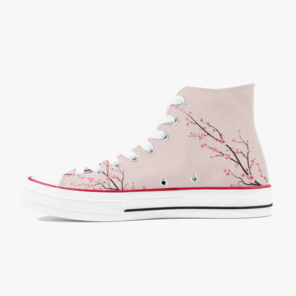 Pink high-top sneaker with cherry blossom design on a white background