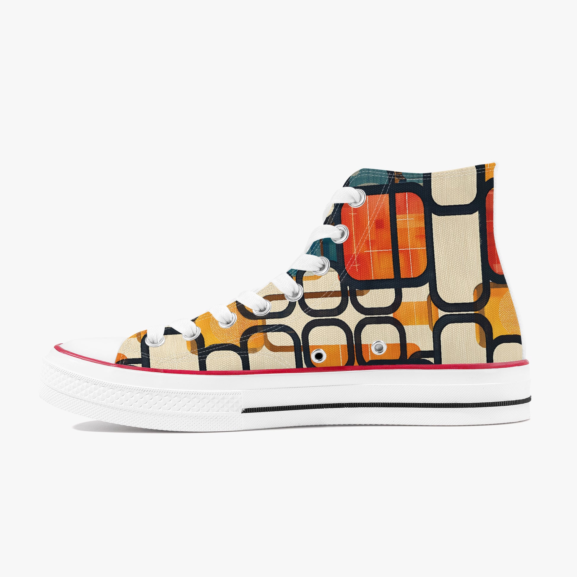 Colorful high-top sneaker with geometric pattern on a white background