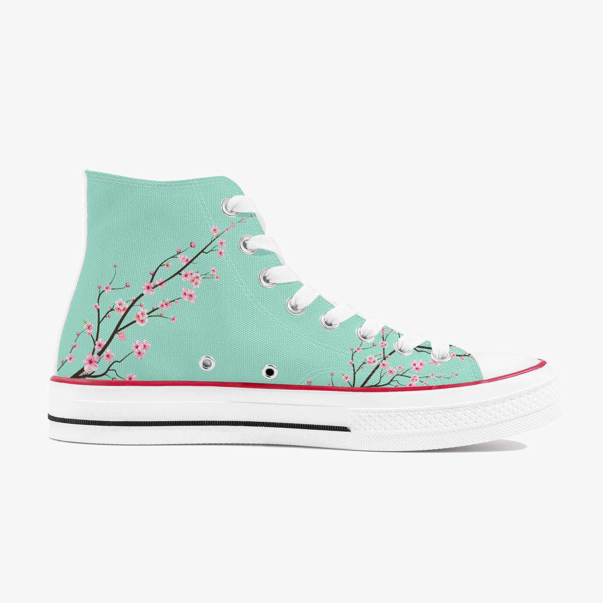 Mint green high-top sneaker with cherry blossom design on a white background