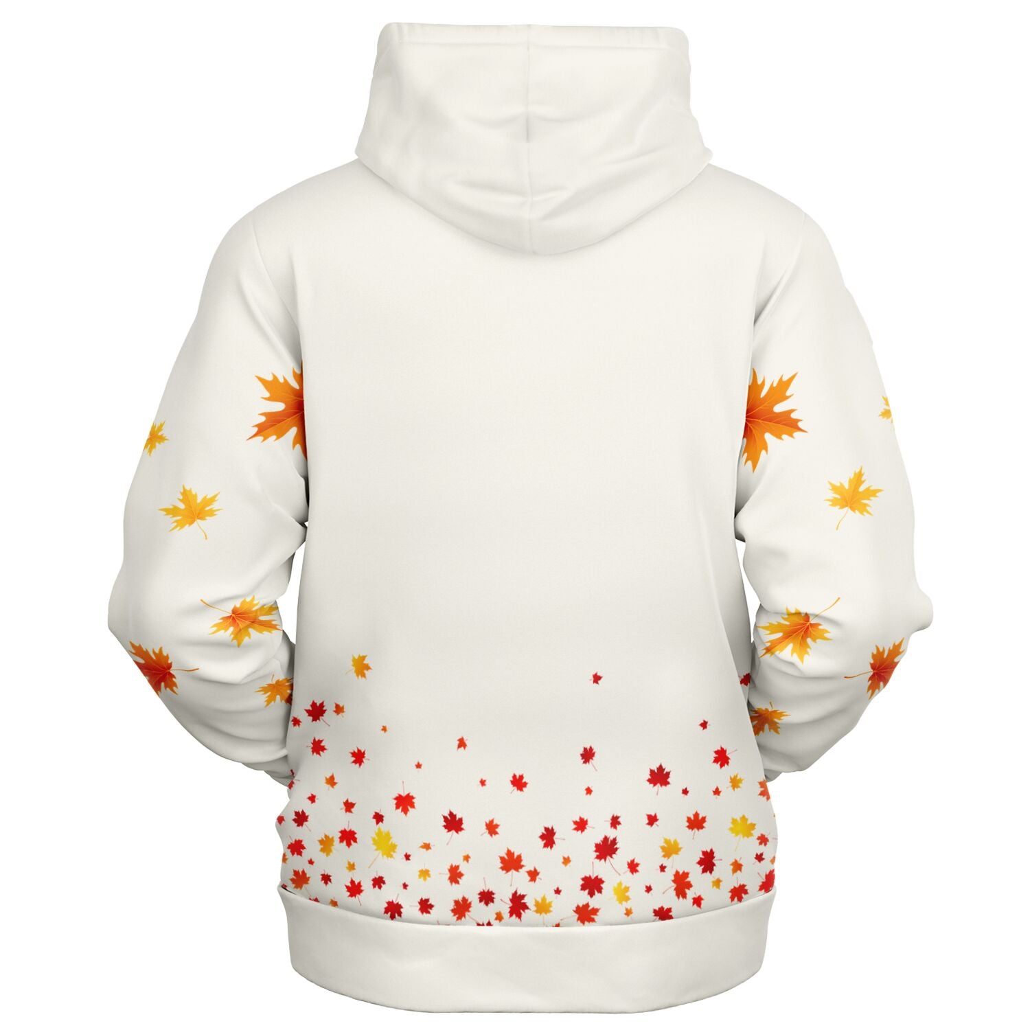 White pullover hoodie shown from the back, featuring a scattered autumn maple leaf print in orange, yellow, and red across the sleeves and lower back.