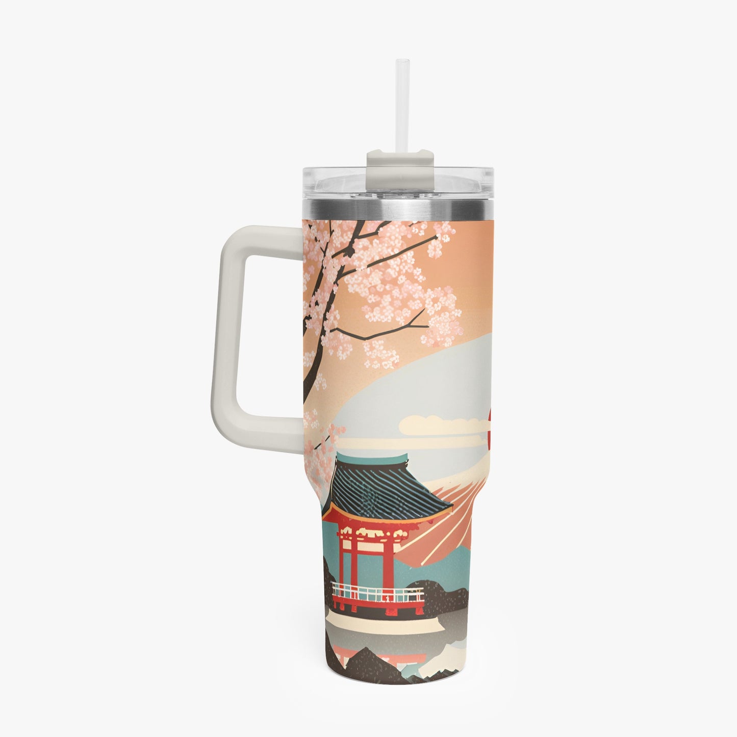 Sunrise Temple Car Tumbler Cup Cream White Handle