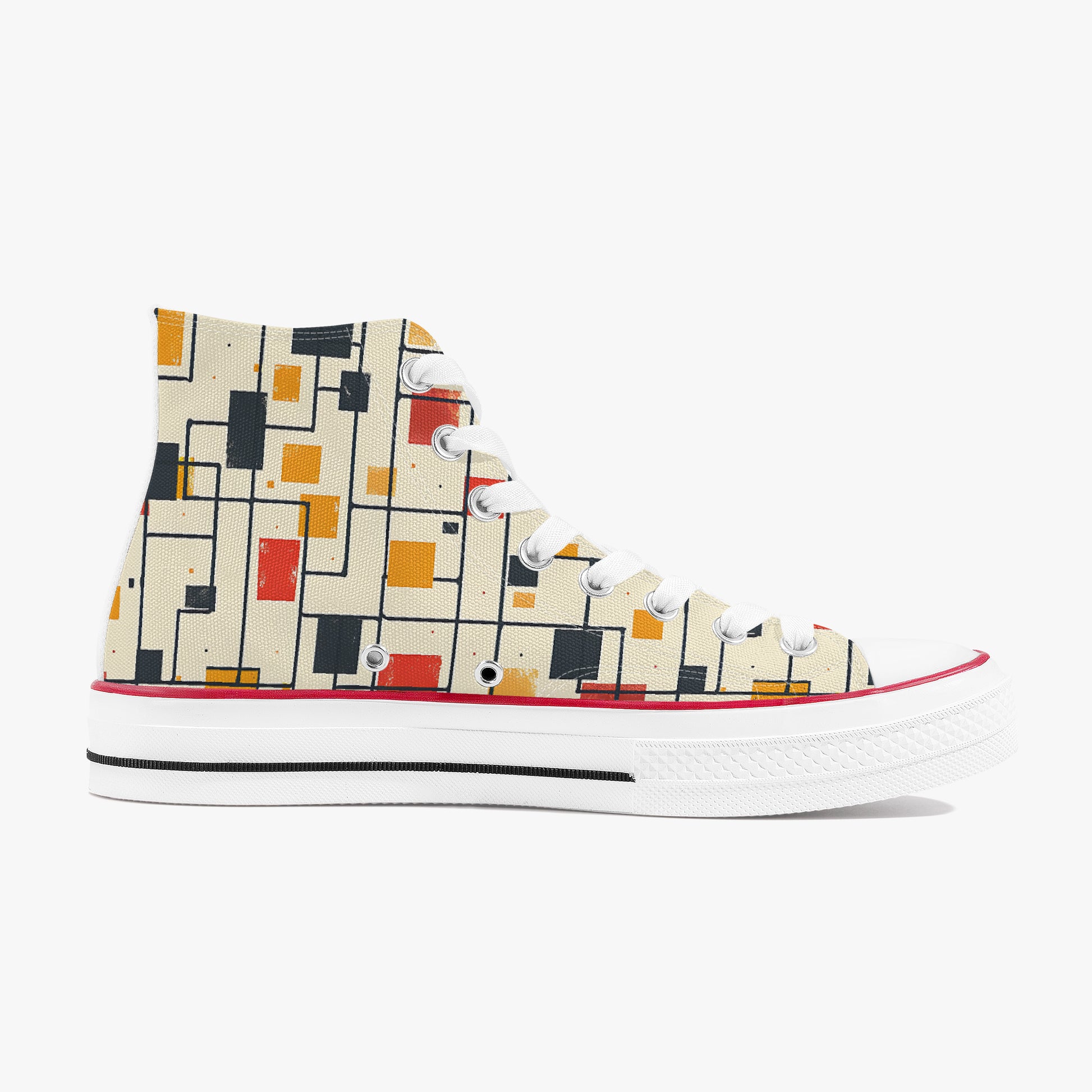 High-top sneaker with a geometric pattern on a white background