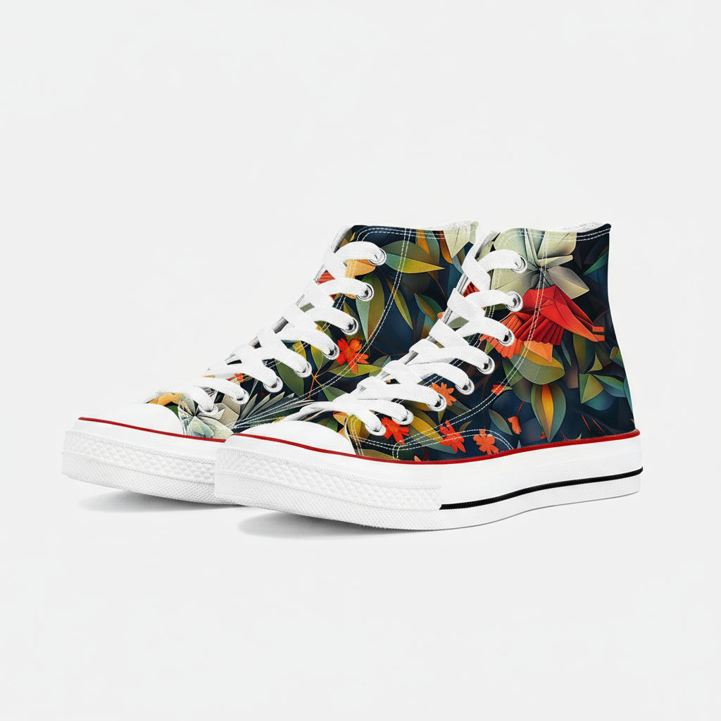 White canvas high top sneakers with rich orange floral botanical print and green leaves.