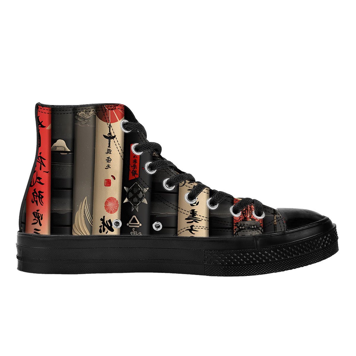 Black High - Top Sneakers with Japanese Book Spine Print - 