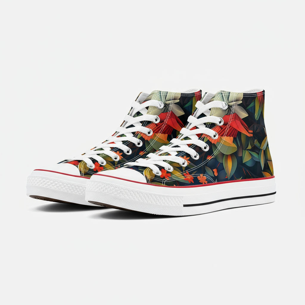 White canvas high top sneakers with rich orange floral botanical print and green leaves.