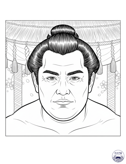 Black and white line drawing of a person with traditional hair style against a decorative background