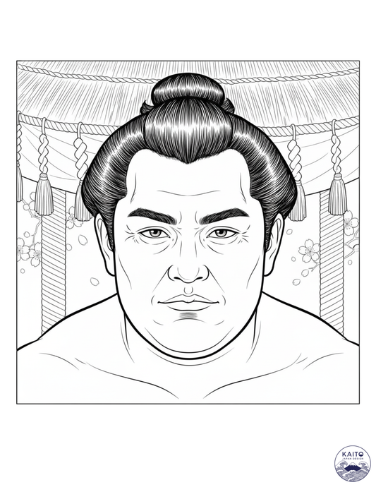 Black and white line drawing of a person with traditional hair style against a decorative background