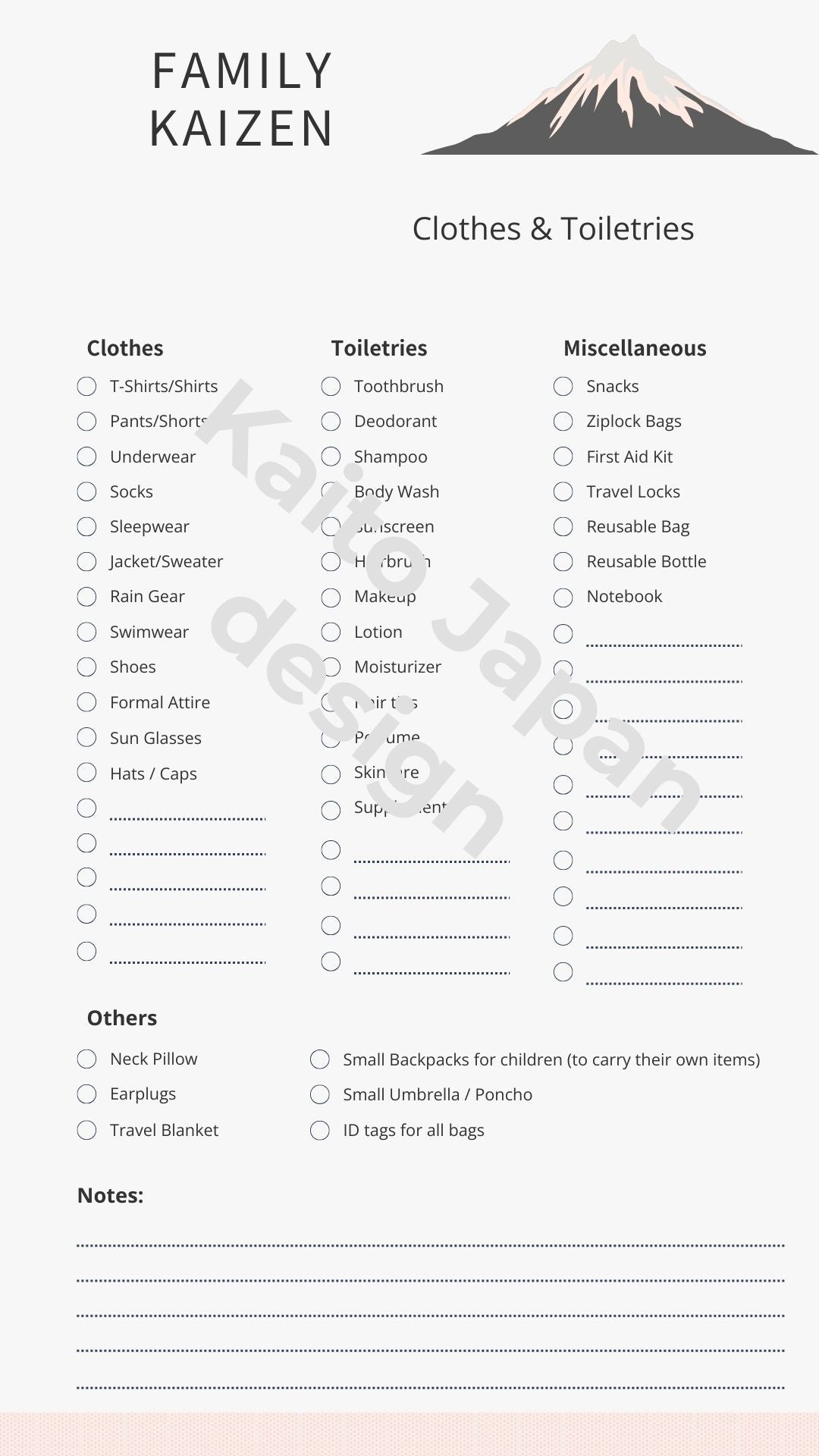 Checklist for family items including clothes, toiletries, and miscellaneous categories with a mountain graphic at the top.