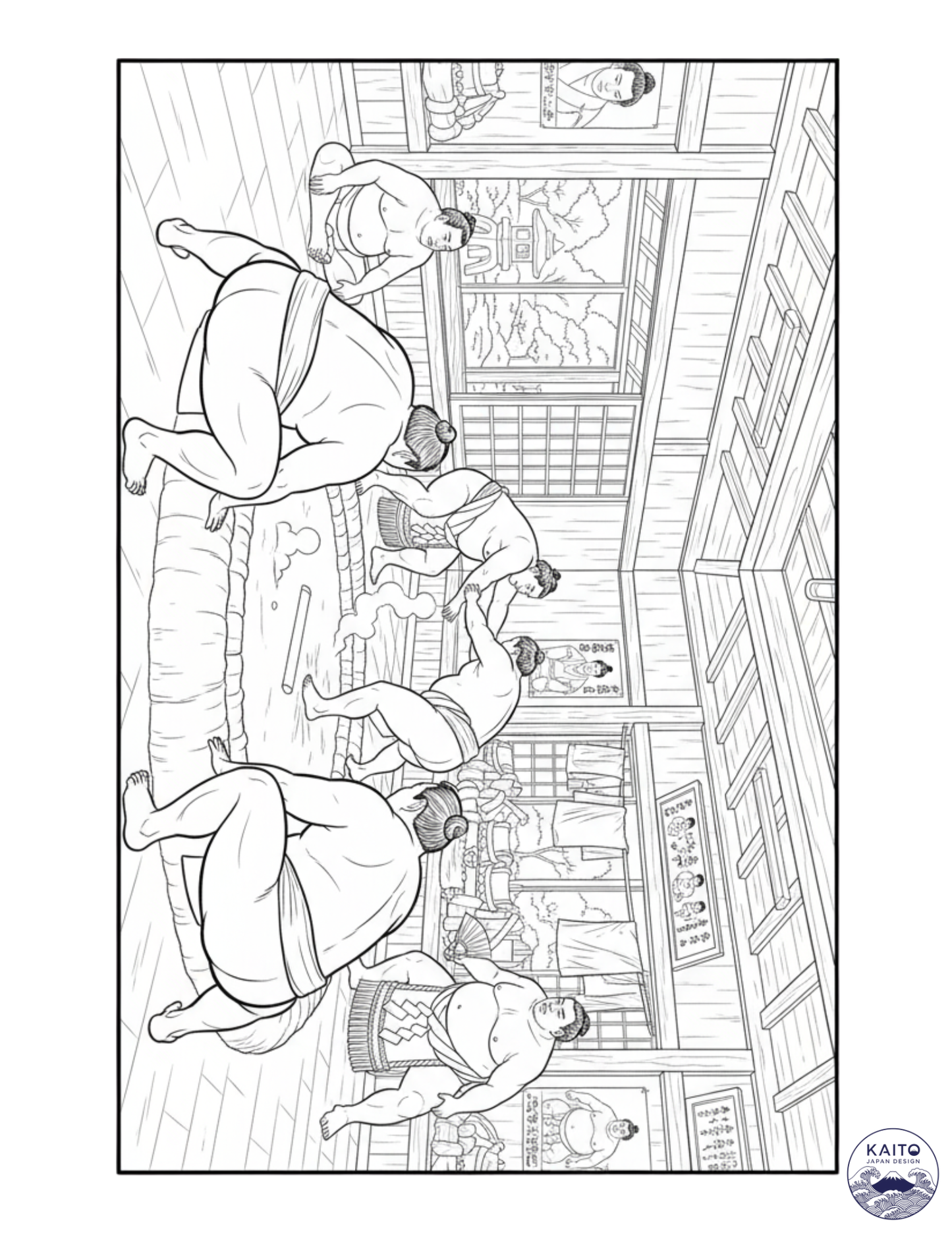 Black and white line drawing of people in a room with shelves.
