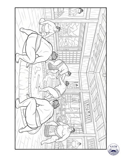 Black and white line drawing of people in a room with shelves.
