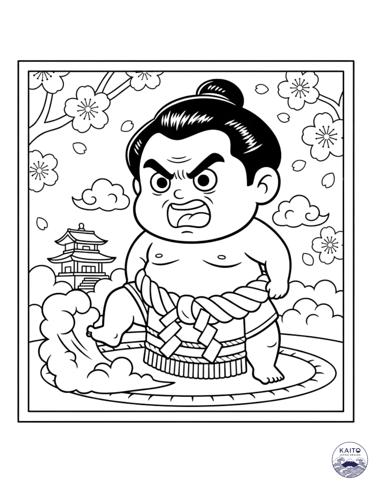 Coloring page of a cartoon character with a traditional Japanese background