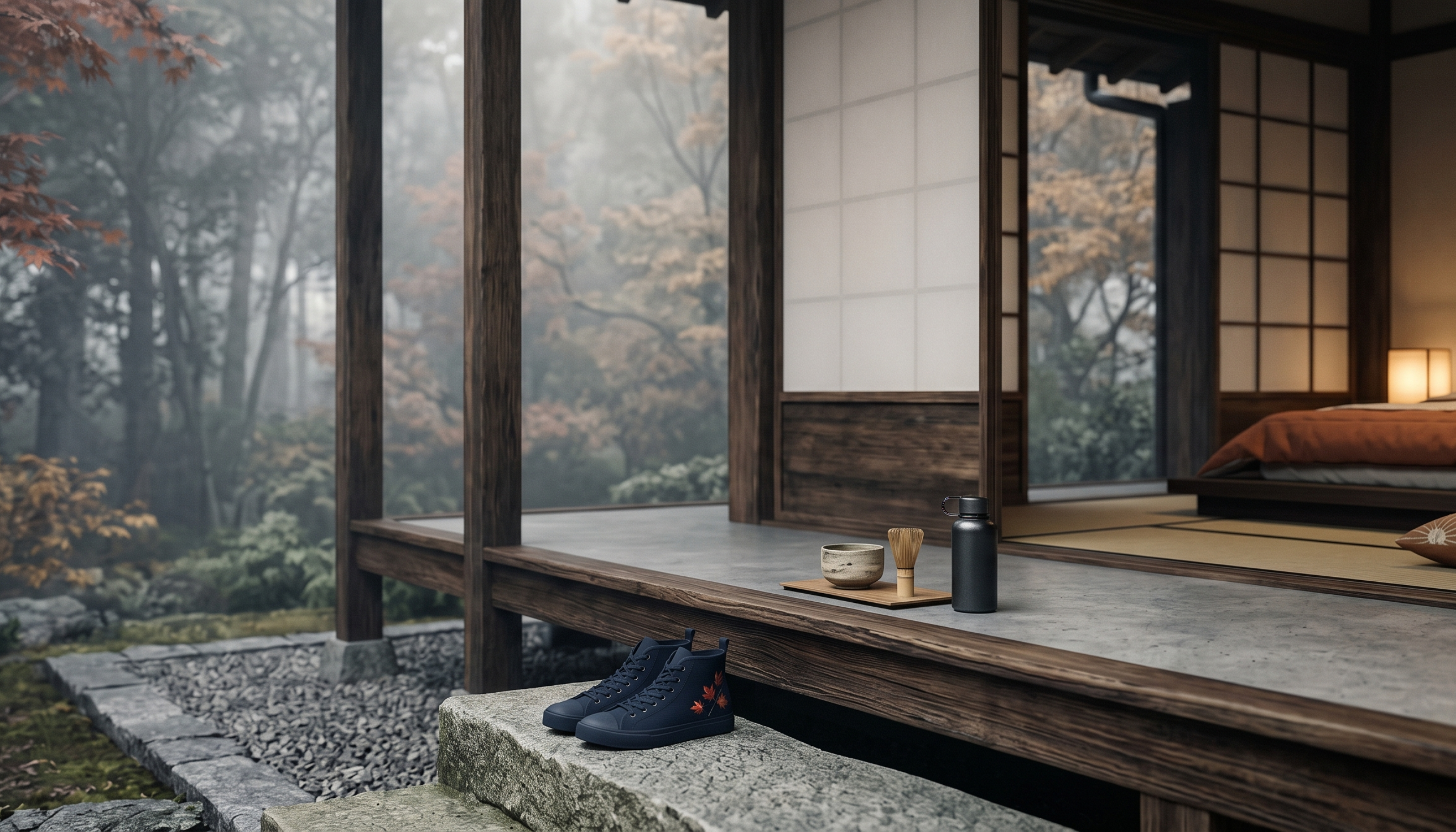 Traditional Japanese room with wooden floor and tatami mat, surrounded by autumn foliage.