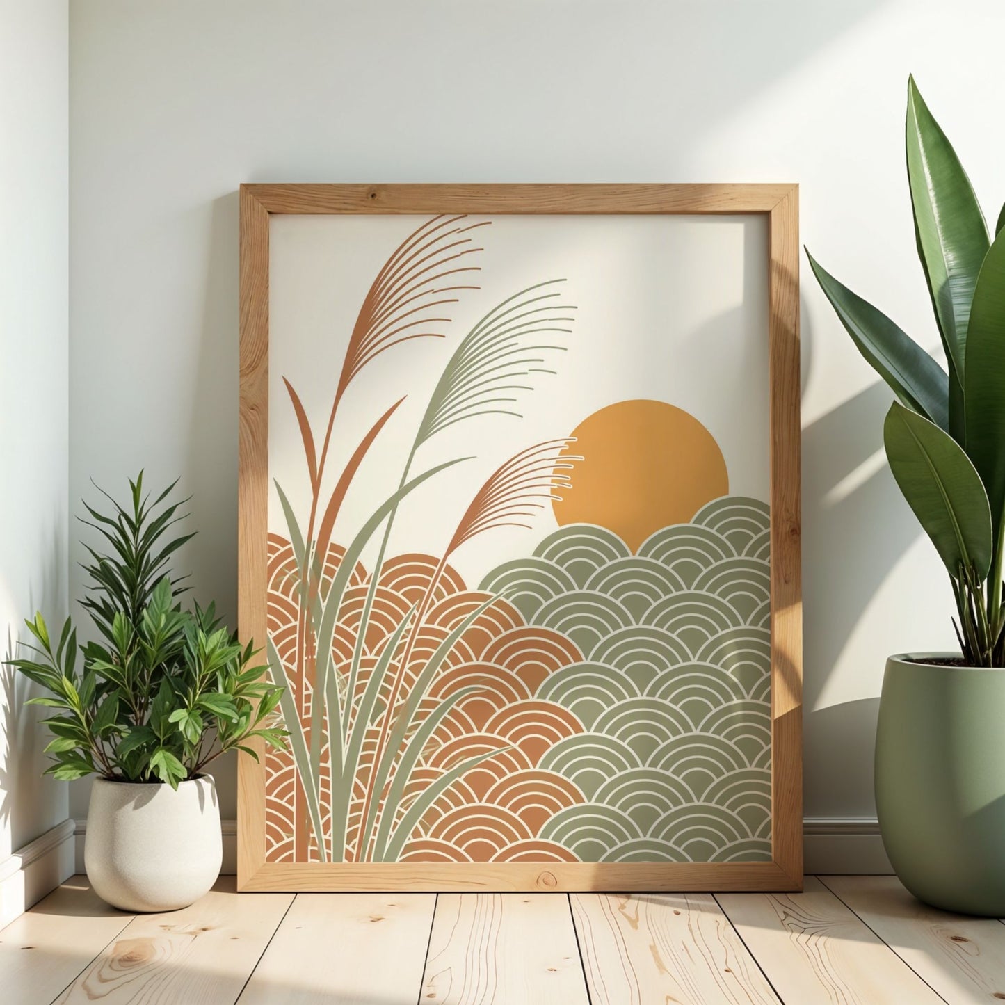 A framed art print featuring a stylized sunset landscape with reeds, waves, and a sun, leaning against a white wall on a light wood floor next to potted plants.