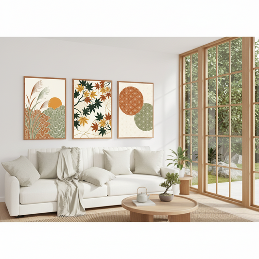 3-piece Japandi digital wall art triptych set featuring Susuki grass, Momiji maple leaves, and Wagara geometric line art on a vintage tofu background.