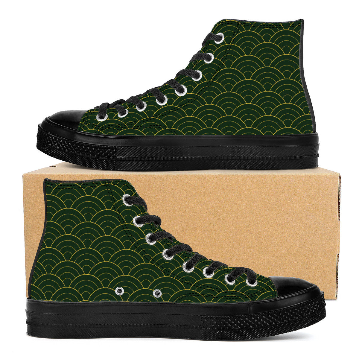 Green high-top sneakers with black pattern on a cardboard box