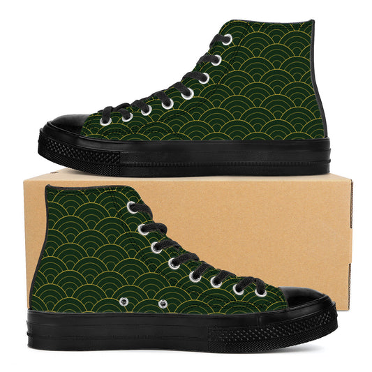 Green high-top sneakers with black pattern on a cardboard box