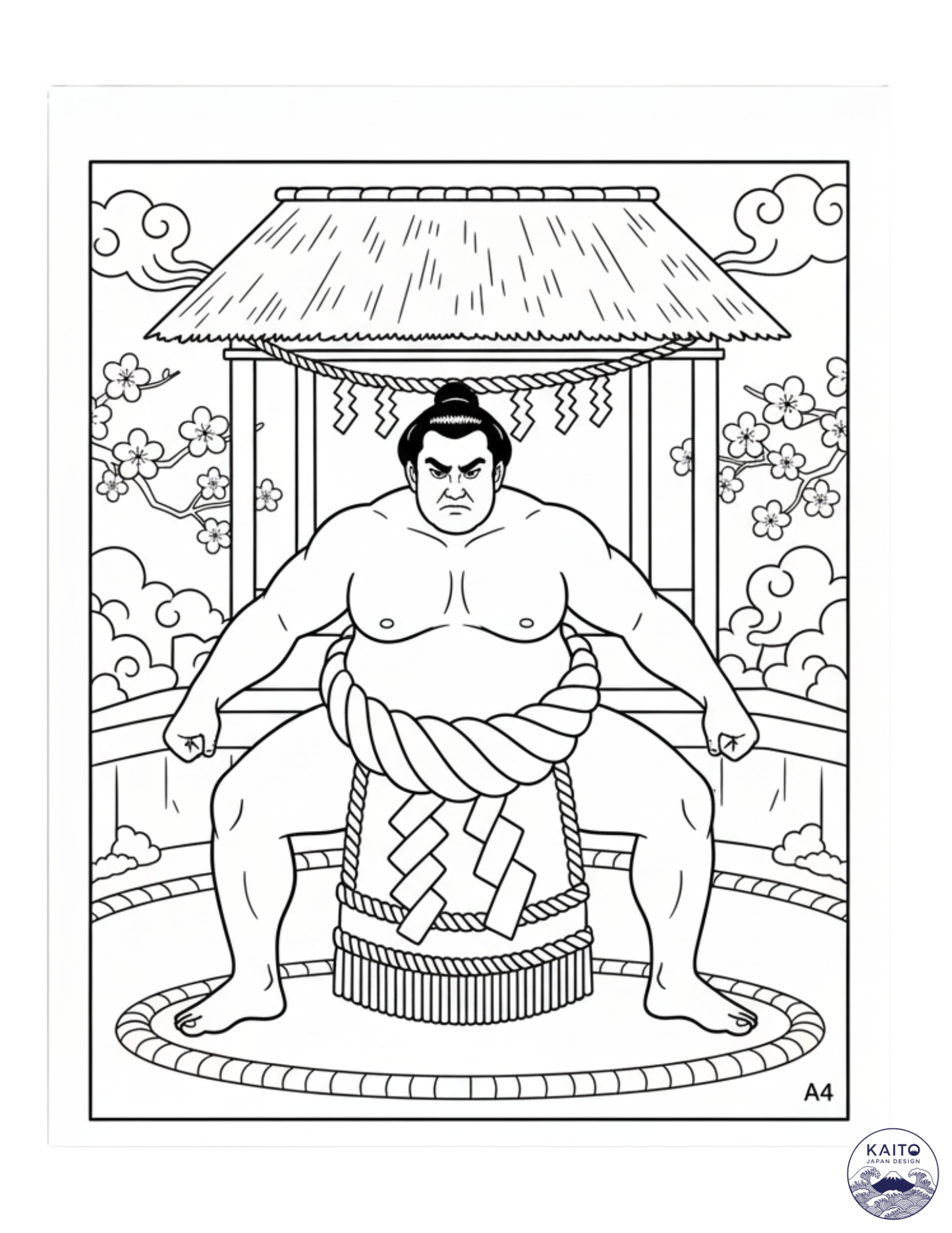 Sumo wrestler coloring page with traditional Japanese elements