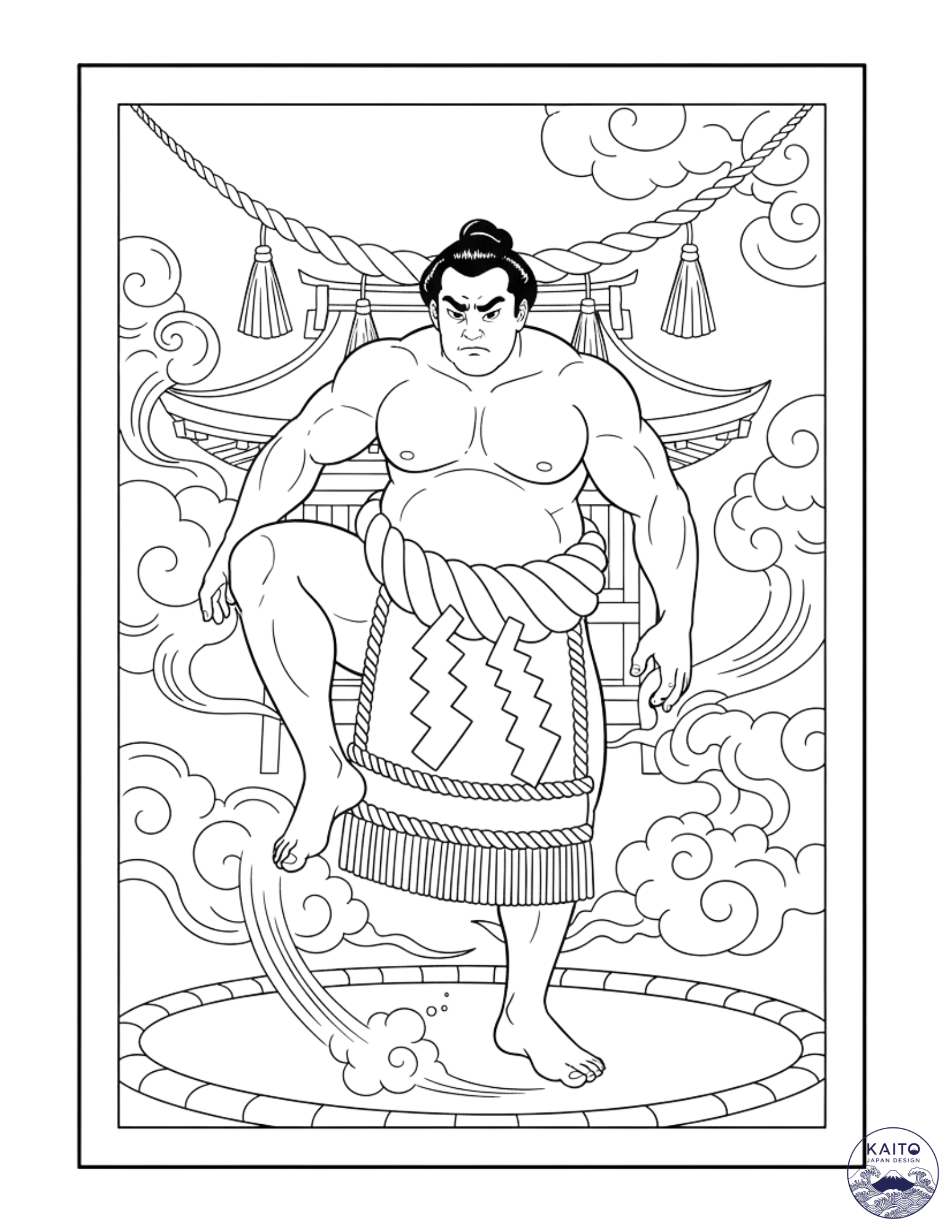 Sumo wrestler coloring page with traditional Japanese design elements.