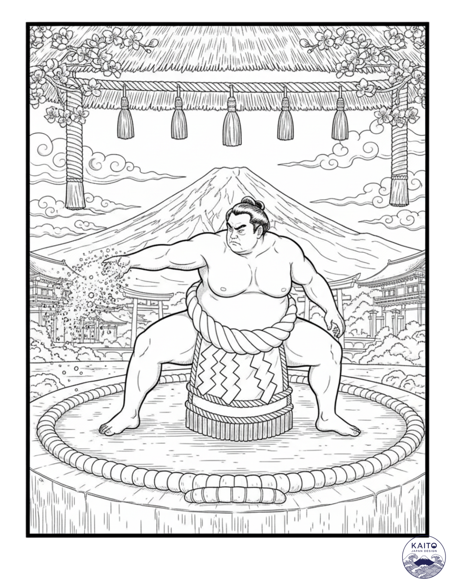 Sumo wrestler coloring page with Mount Fuji in the background