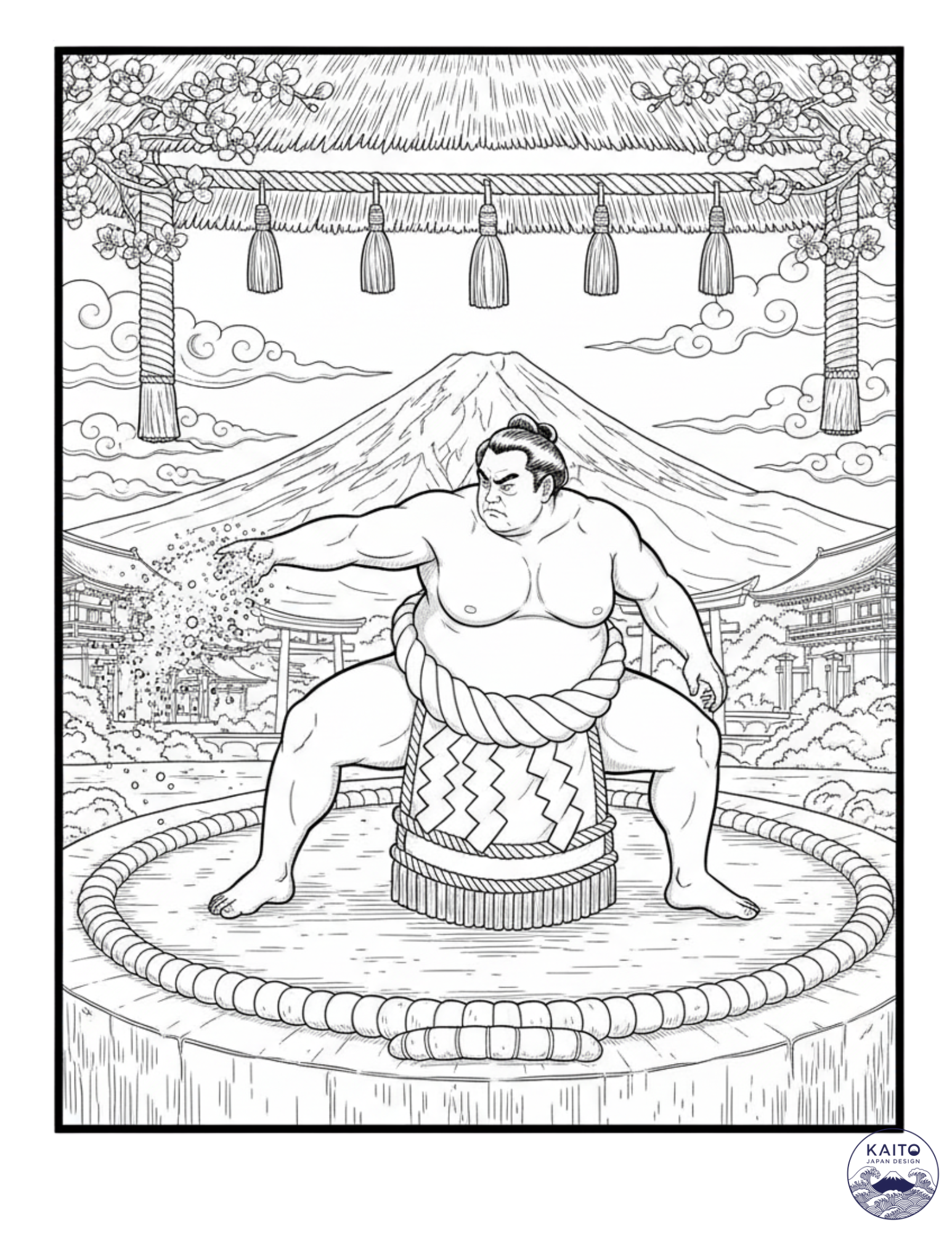 Sumo wrestler coloring page with Mount Fuji in the background