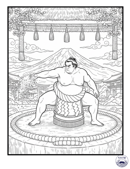 Sumo wrestler coloring page with Mount Fuji in the background