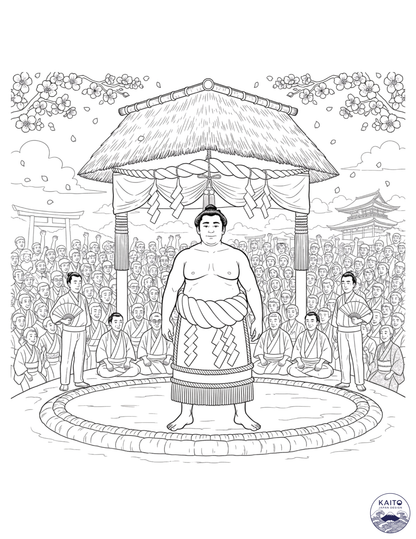 Sumo wrestler coloring page with a pagoda and cherry blossoms.
