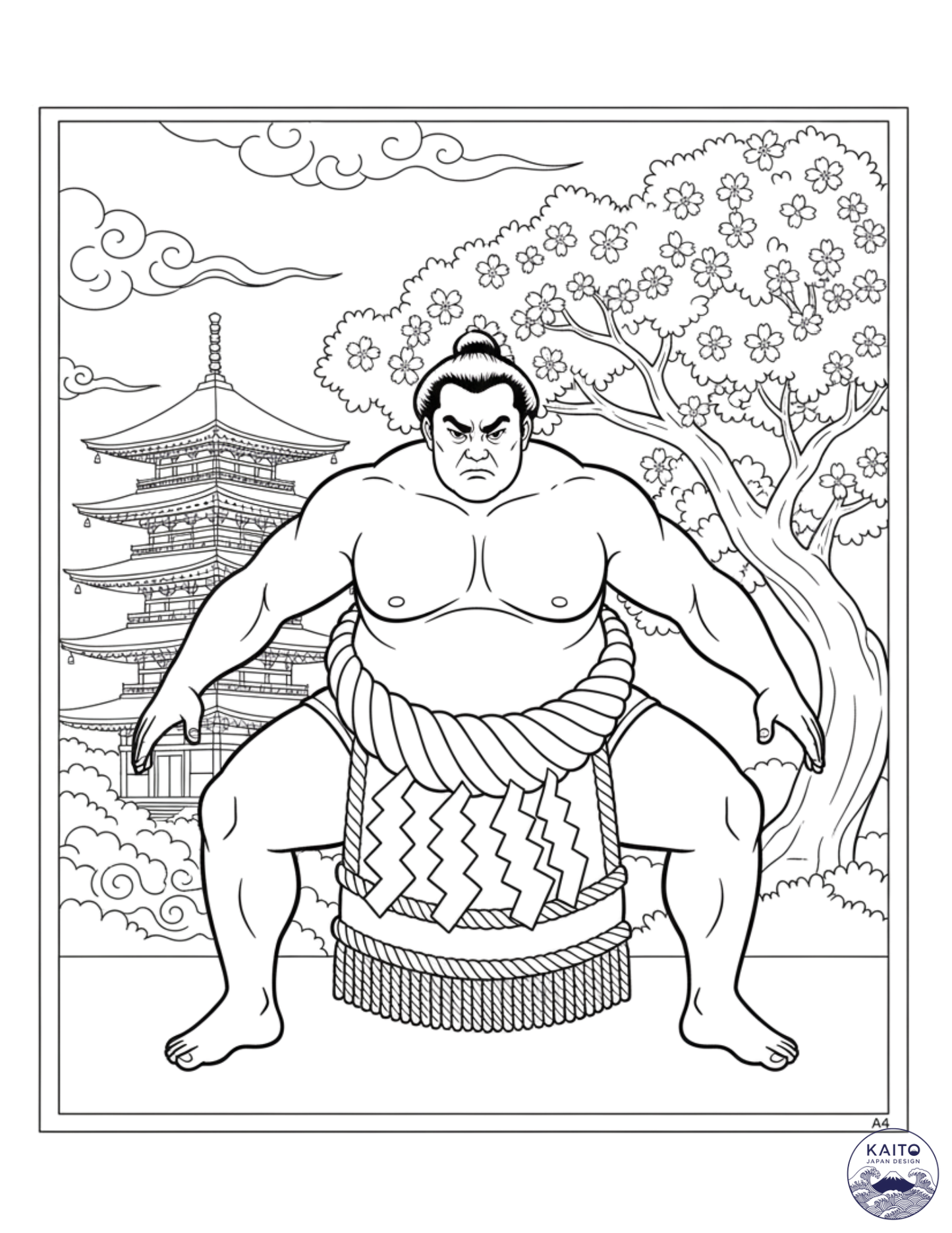 Sumo wrestler coloring page with a pagoda and cherry blossoms.