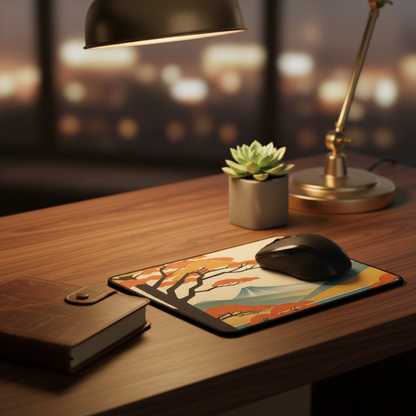 Desk setup with a mouse, mouse pad, book, and small plant under a lamp.