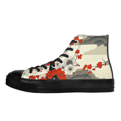 Side view of a premium black high-top sneaker featuring an intricate, multi-colored Japanese kimono floral and geometric textile pattern on the canvas with black laces and a black rubber sole.