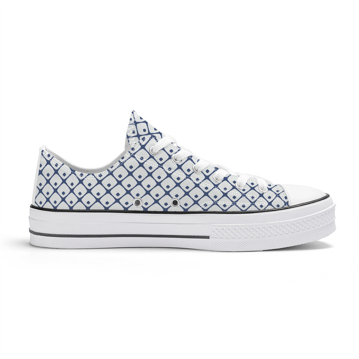 White sneaker with blue pattern on a white background