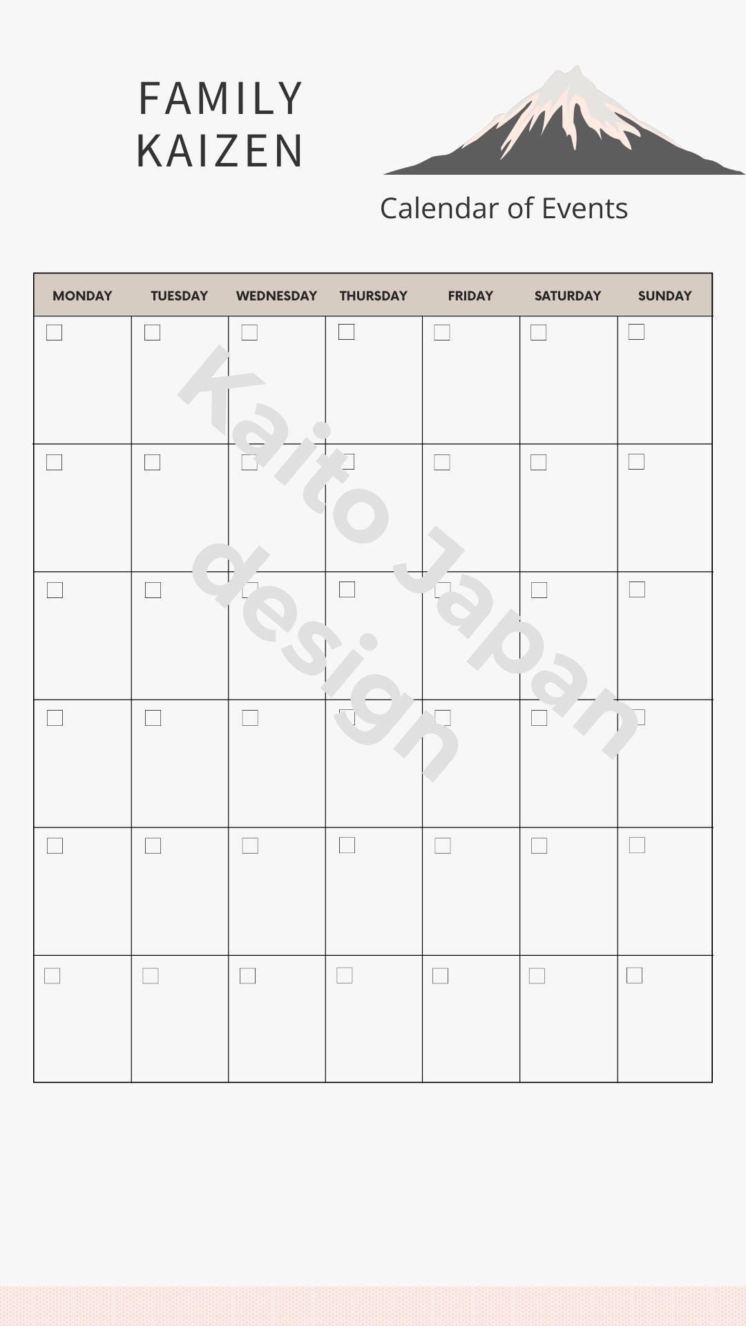 Calendar of events with a mountain design at the top on a white background