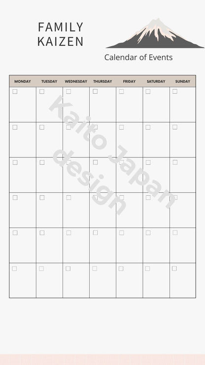 Calendar of events with a mountain design at the top on a white background