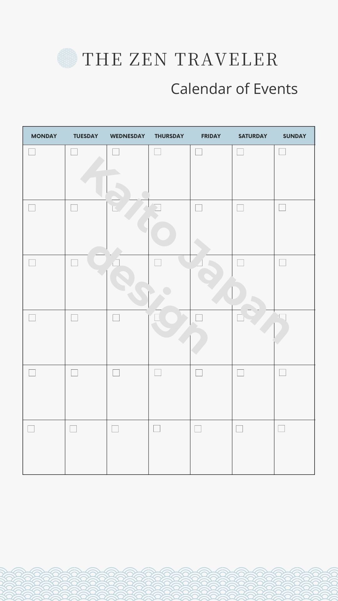 Calendar of Events with 'The Zen Traveler' branding on a white background