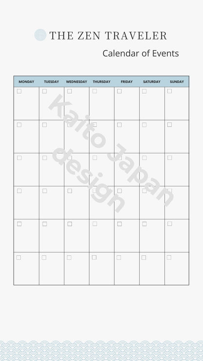 Calendar of Events with 'The Zen Traveler' branding on a white background