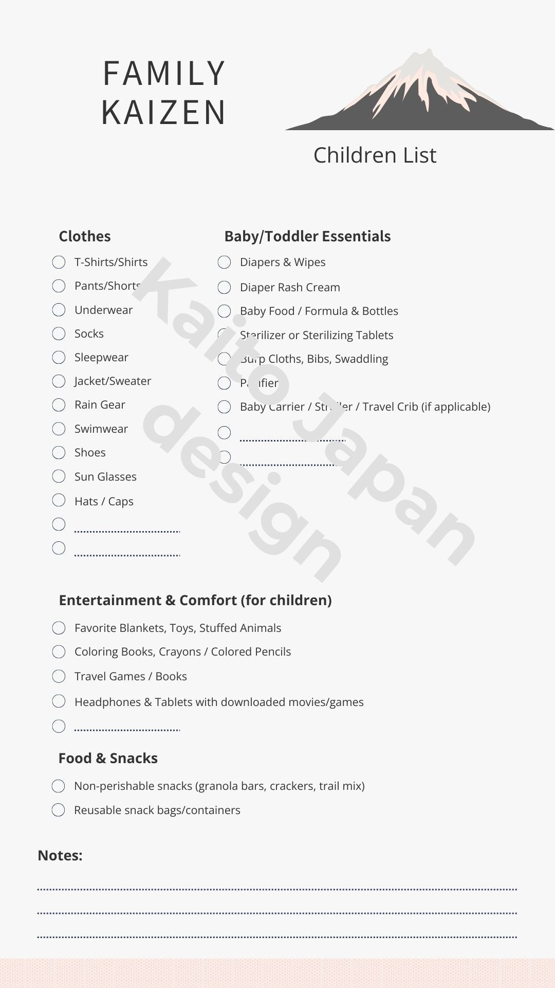 Children list with checkboxes for baby/toddler essentials, clothes, entertainment, and food/snacks on a white background.