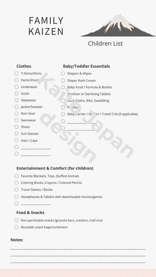 Children list with checkboxes for baby/toddler essentials, clothes, entertainment, and food/snacks on a white background.
