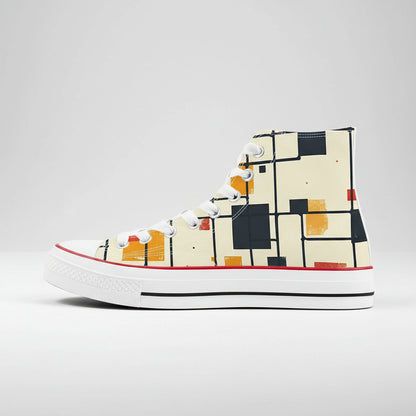 Colorful Chokaku Scattered Grid pattern high top canvas sneakers with abstract Japanese Wagara design.