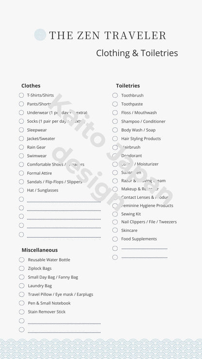 Checklist for clothing, toiletries, and miscellaneous items with 'The Zen Traveler' branding.
