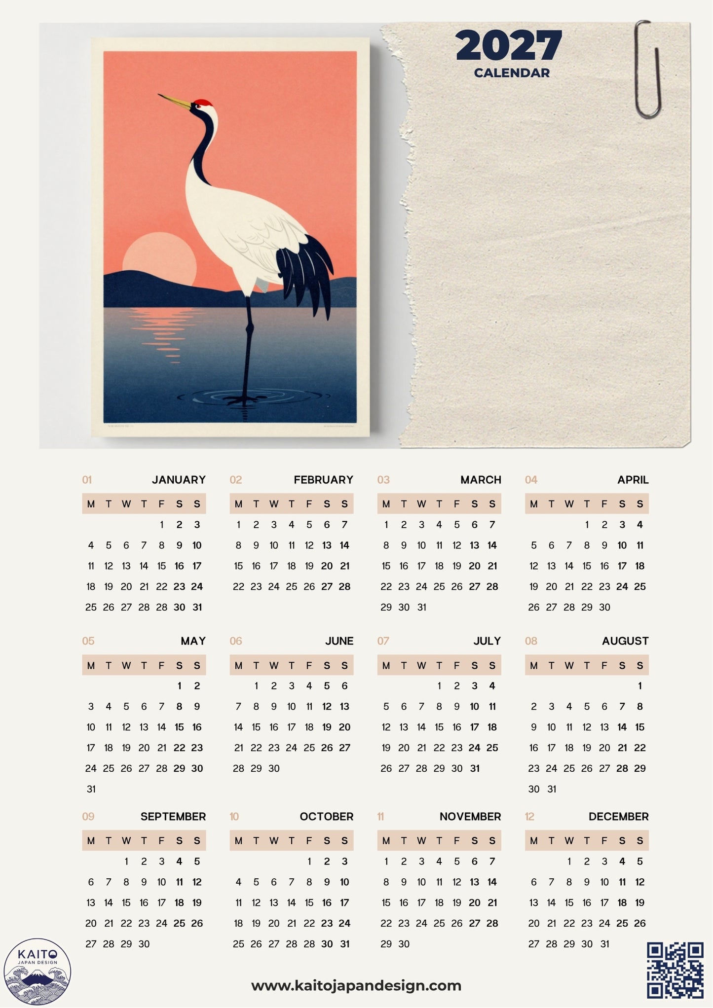 A 2027 calendar planner page with a stylized illustration of a white crane over a pink and orange sunset on the cover, plus a spiral-bound notebook and paperclip graphic at the top. The lower portion shows a full monthly calendar grid from January to December on a light beige background.