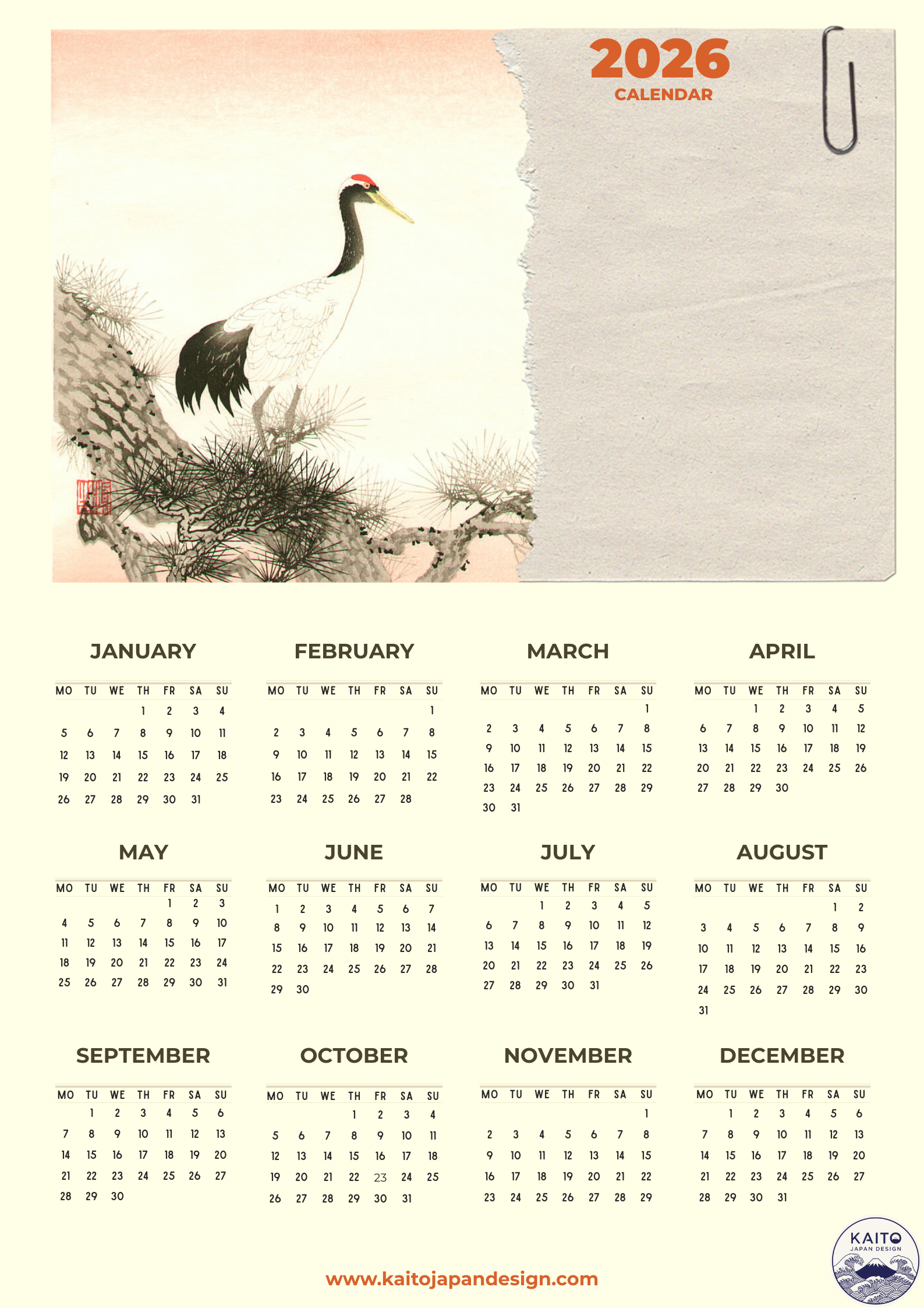 Calendar with Japanese crane illustration for 2026, featuring Kaito Japan Design branding.