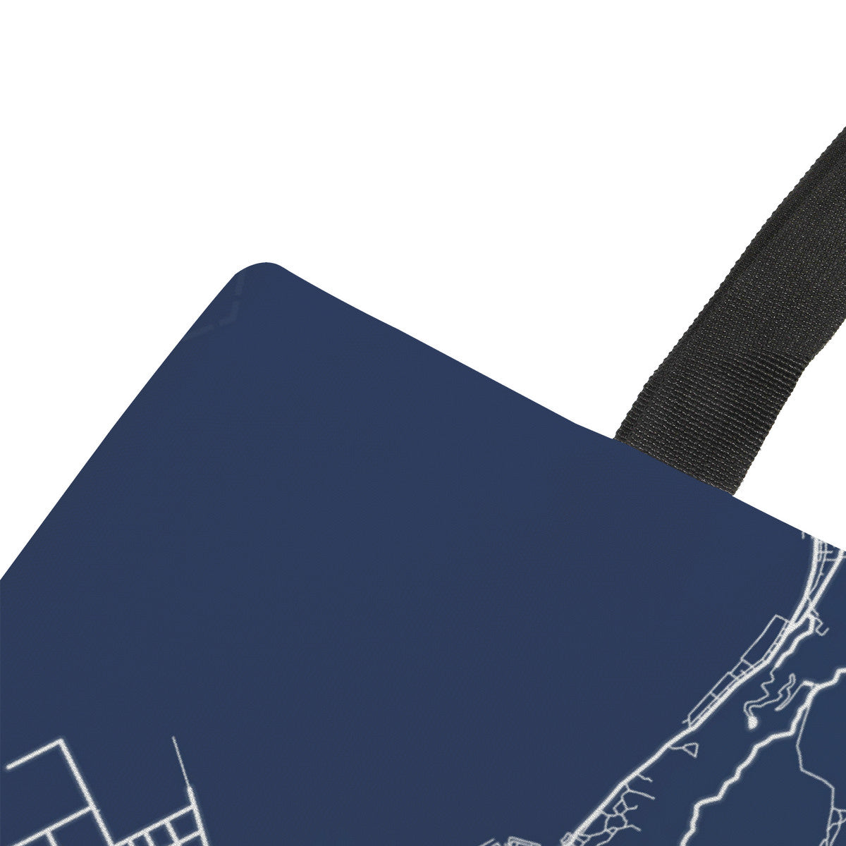 Navy blue bag with a black strap on a white background