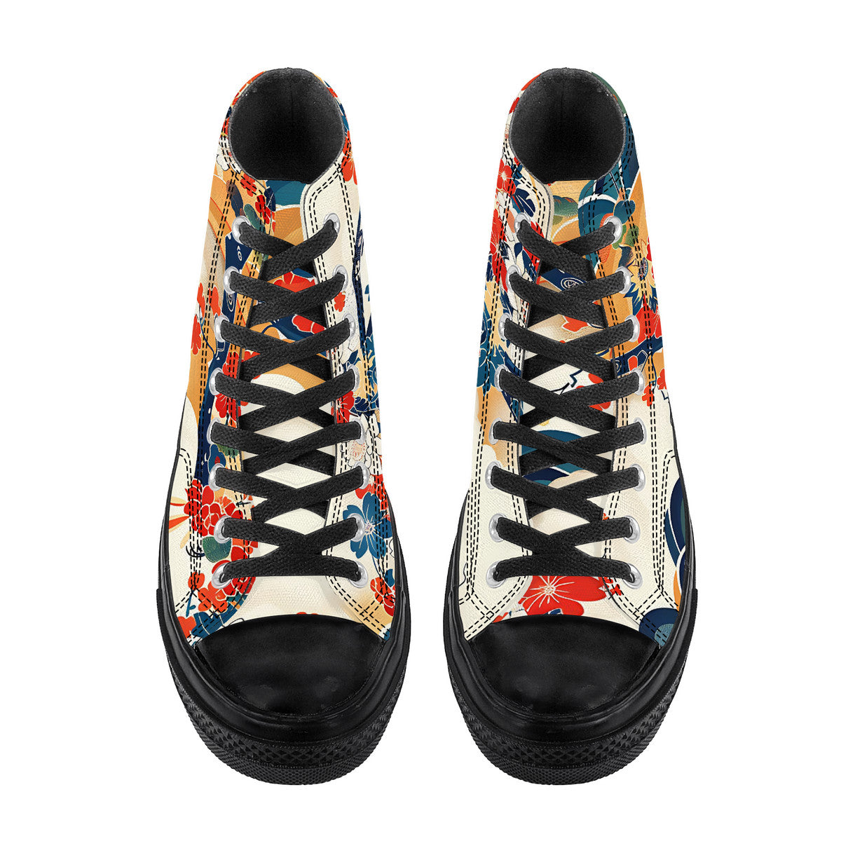 Colorful high-top sneakers with floral pattern on a white background