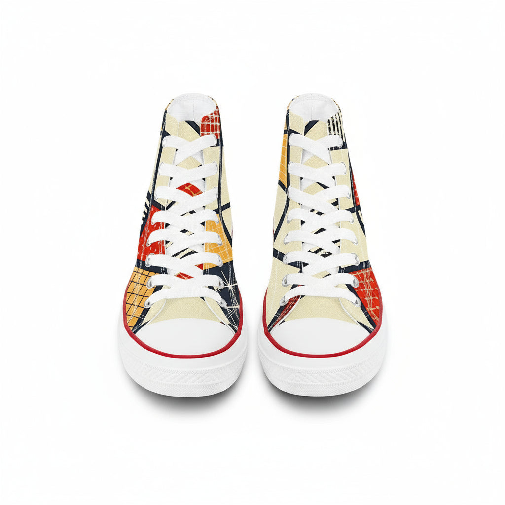 Colorful sneakers with geometric pattern on a white background