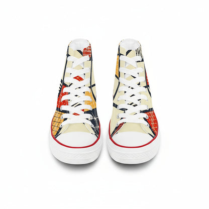 Colorful sneakers with geometric pattern on a white background