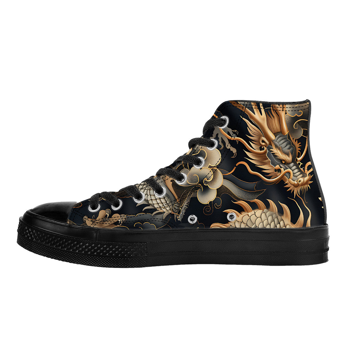 Gold and black Japanese dragon print canvas high top sneakers on a dark background.