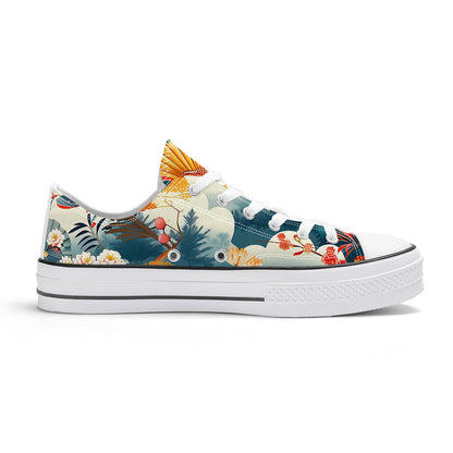 Sneaker with a colorful floral and animal pattern on a white background