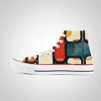 lack and white Enso Rounded Grid geometric pattern high top canvas shoes with Zen Circle inspiration.