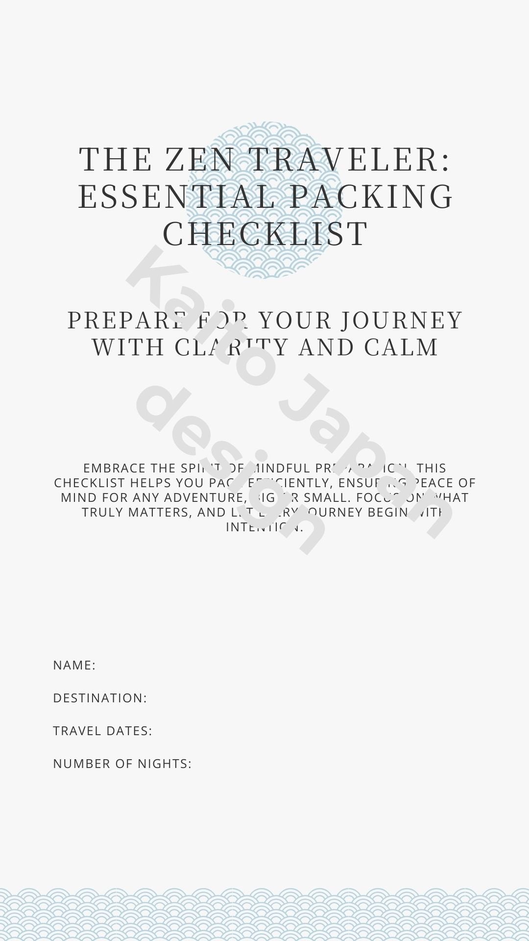 Zen traveler packing checklist with text and a subtle pattern on a white background
